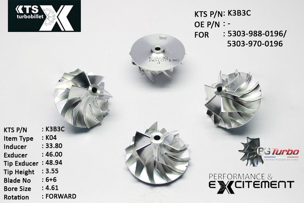 Turbo ROUE FORGÉE MFS PERFORMANCE - 6+6 PALES - INDUCER : 33,8 - EXDUCER : 46 - TYPE : K04ANGLE : 45° - ROTATION : Forward - SUPER BACK : 2,6 - BORE SIZE : 4,61
